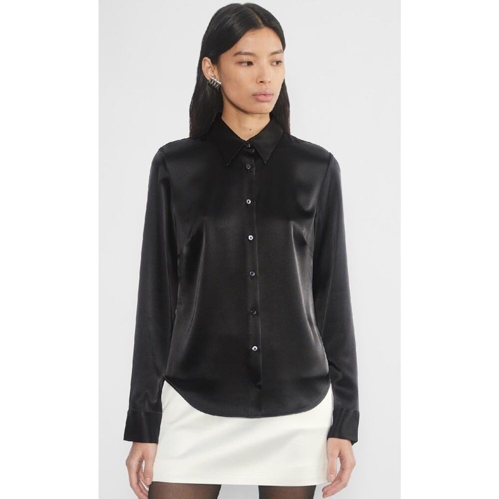 Babaton Industry Satin Shirt M Aritzia Black Oversized Button Front